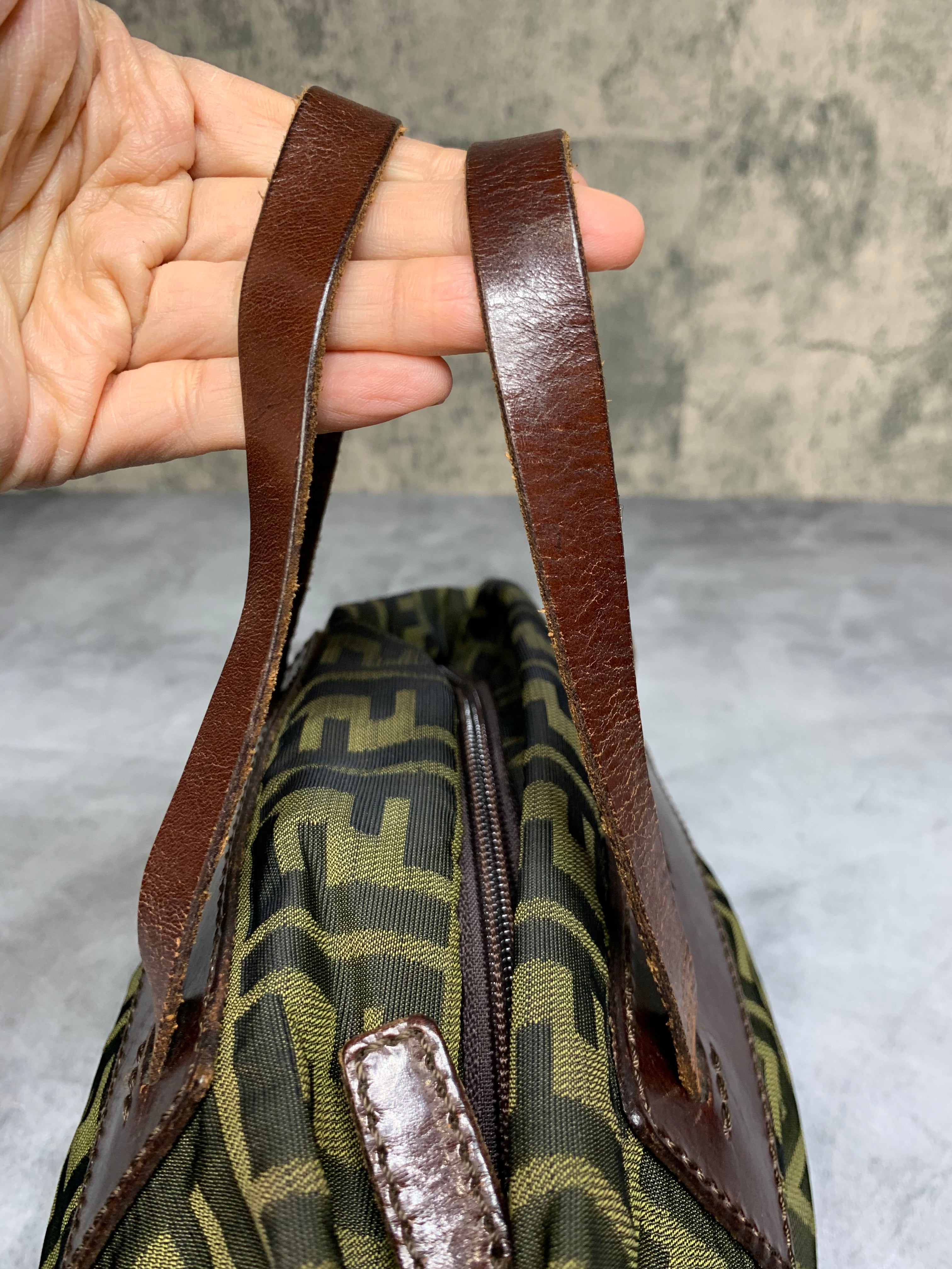 FENDI Vintage Fendi Zucca Monogram Canvas & Brown Leather Tote Bag